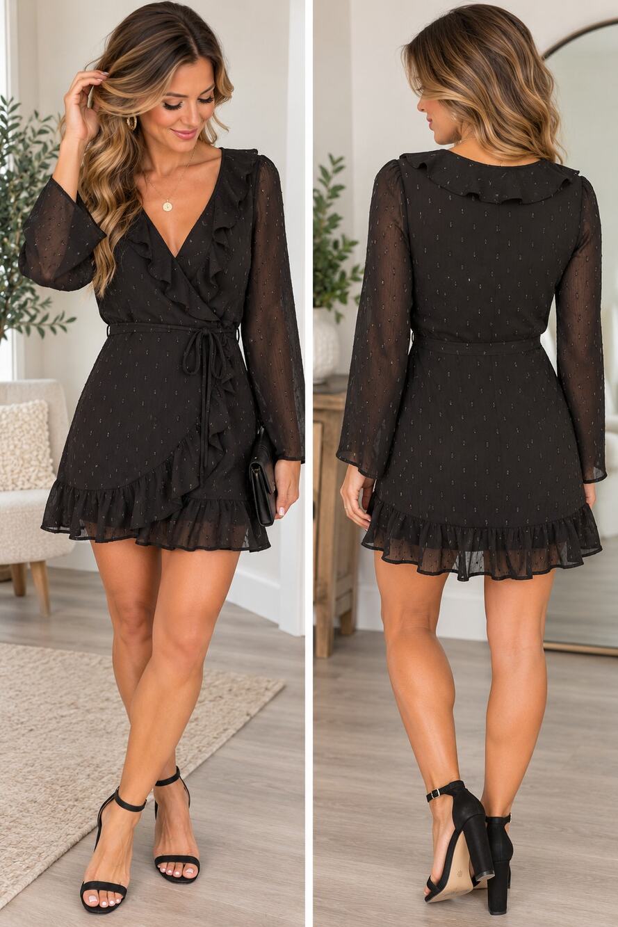 Everly Black Wrap Dress Ruffle Sheer Long Sleeve Swiss Dot Mini S